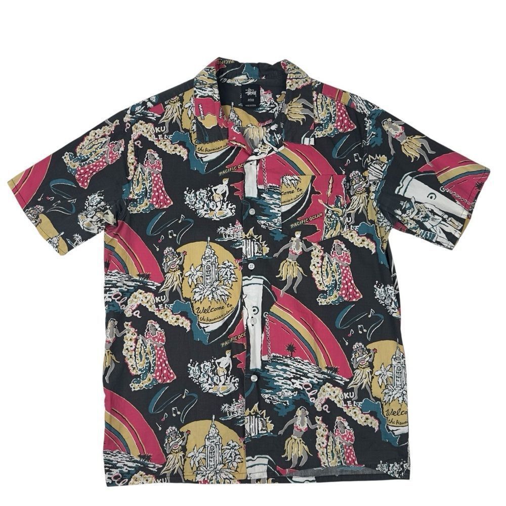 Stussy Hawaiian Islands Shirt Medium Black Hula Camp Loop Collar VTG Y2K